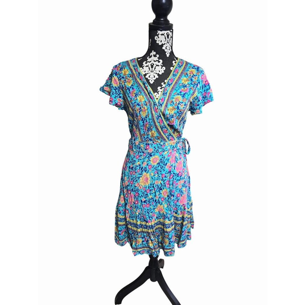Zesica Wrap Dress Floral Print Short Sleeve Boho Summer S Blue Feminine Gypsy